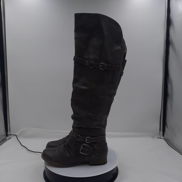 Just Fab Catlia GrayBrown Strappy Buckle inside zip knee high riding boots 7 - Picture 2 of 9